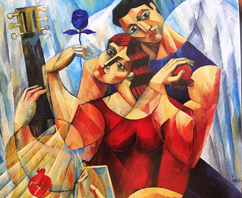 Colorful cubist painting of couple with guitar
